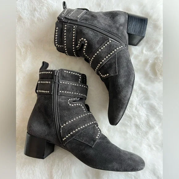 Jeffrey Campbell Studded Buckle Ankle Boots Dk Gray Suede 7.5 - Picture 5 of 8
